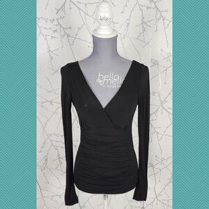 Elie Tahari Black Stretch Babydoll Ruched Long Sleeve Top